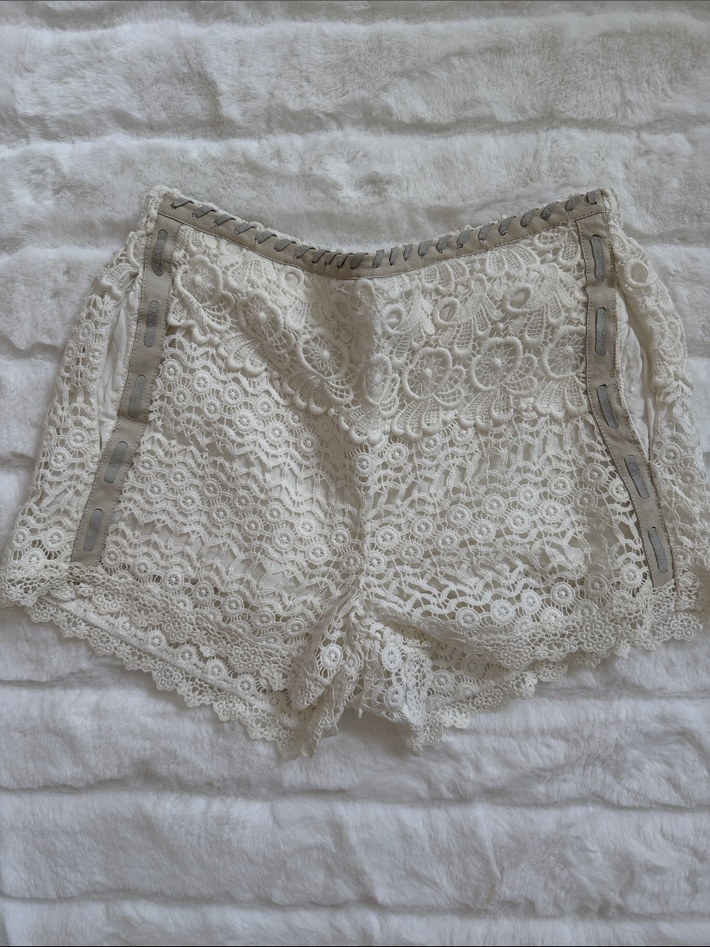 Maje Cream Crochet Lace Sleep Shorts with Ribbon Trim